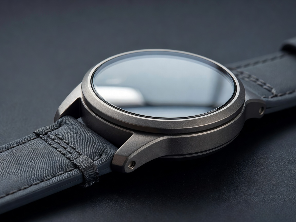 A sports watch photographed close-up with its strap and reflective screen visible