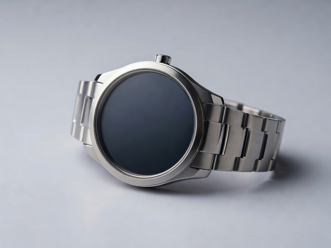 Close-up product photograph of a watch with a dark face and metal case on a clean studio surface